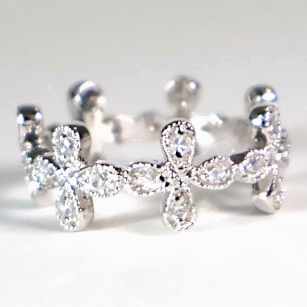 Swarovski Crystal Floral Cross Eternity Band Ring Sterling Silver Overlay Size 8